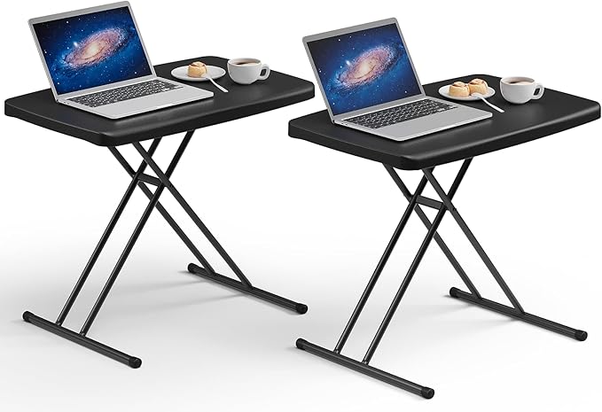 30 Inch Folding Table Set of 2, Adjustable Height TV Tray for Small Spaces, Heavy Duty Foldable Utility Table for Laptop, Dining, Camping, No Assembly, 200 lbs Capacity, Black Granite