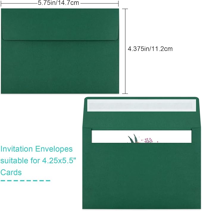70 Packs of Invitation Envelopes, A2 Dark Green Postcard Envelopes for 4.5x5.5 Cards for Invitations, Self Seal for Photos RSVP, Greeting Cards