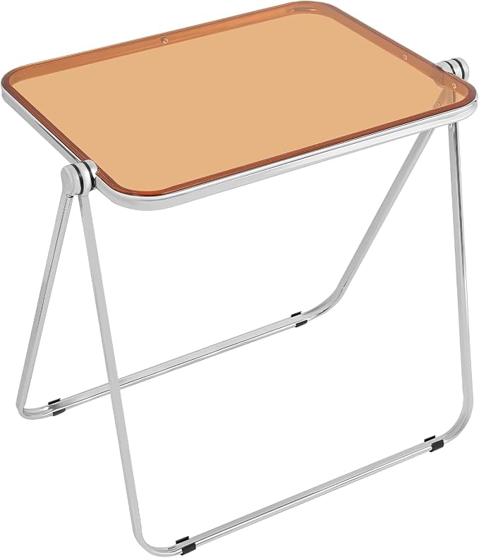 Acrylic Folding TV Tray Table, Small Portable Square Laptop Desk, End Side Table Modern Square Table for Home Office, No Assembly Space-Saving Side Table with Metal Frame (Brown)