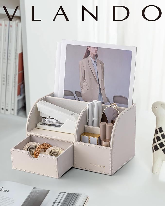 VLANDO PU Leather Desk Organizer with Drawer,6 Compartments | Office Supplies for Women,Desktop Storage for Pens, Notes, Makeup Brushes Vanity Essentials,Cream White