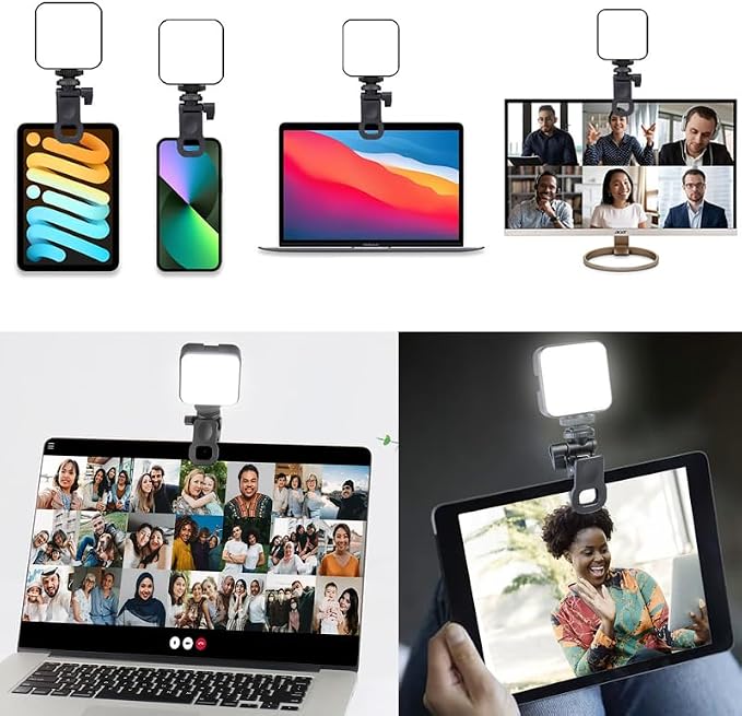 Selfie Light w/ 3 Cold Shoe Mounts, Dimmable Video Conference/Vlogging/Photography/Video Recoarding/Live Streaming, Clip On Lighting Kit for Phone/Tablet/Laptop/Camera