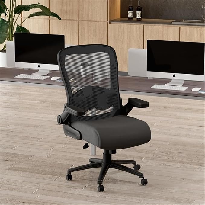 Scranton & Co Heavy Duty Flip Arm Mesh Task Chair, 400 lb Capacity, Adjustable Lumbar Support, Black Fabric Upholstery, 30.5" W x 30" D x 43.5-46.5" H, Ergonomic Office Chair for Home or Workplace