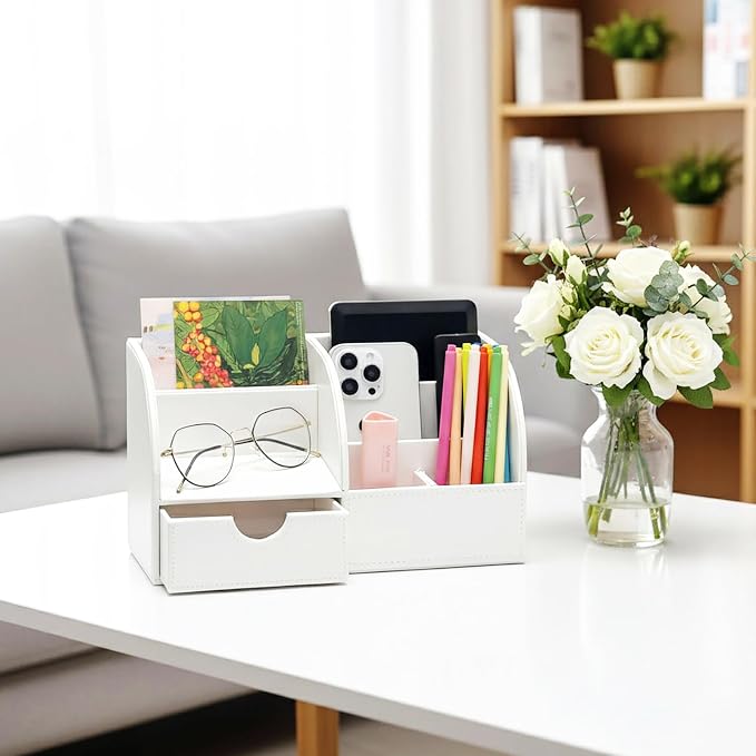 UnionBasic Desk Organizer - Multifunctional Leather Desktop Pen Holder Storage Box - Business Card/Pen/Pencil/Mobile Phone/Stationery Holder, White