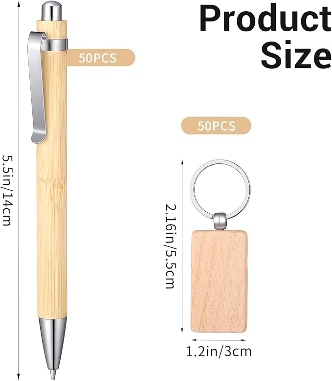COMNICO 50 Pcs Bamboo Pens Bulk with 50 Pcs Blanks Wooden Keychain, Wooden Bamboo Pens Retractable Ballpoint Pen for Office School Teacher Student Notebook Notepads