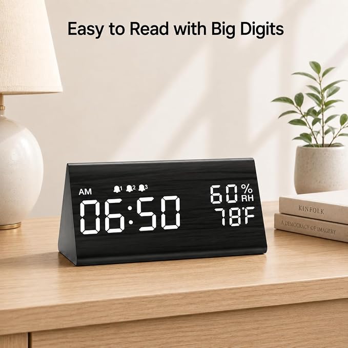 JALL Wooden Digital Alarm Clock for Bedrooms and Office, 3 Alarms with Big Digits, Humidity and Temperature Display, 6-Level Dimmer, Snooze, Loud Desk Clock for Heavy Sleepers, Plug in (Black)