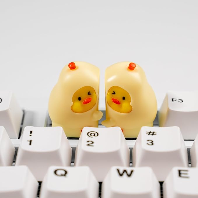 Cute Duck Mechanical Keyboard Keycaps, Cream Yellow Resin, 1U Size, MX Switch Compatible, Decorative Hugging Design, 2 Piece Set