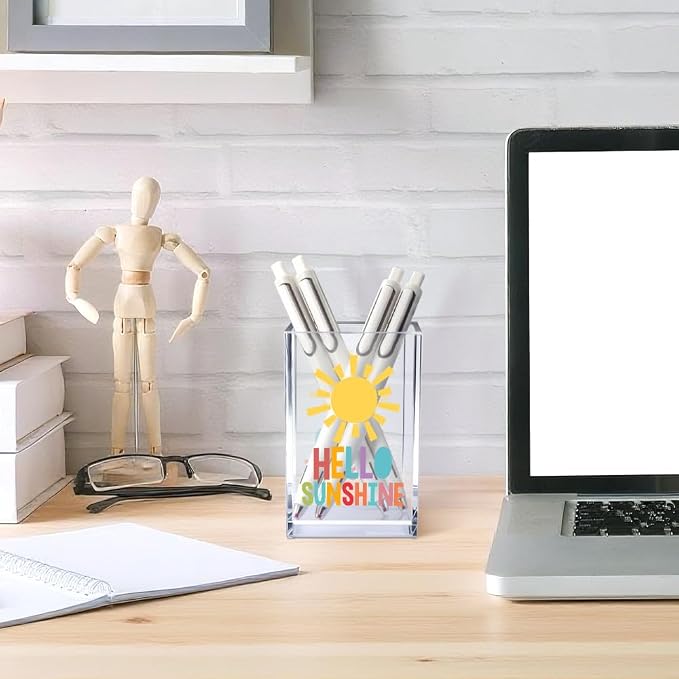 Hello Sunshine Acrylic Cosmetic Pencil Pen Holder Cup, Inspirational Sunshine Desk Organizer Accessories for Home Office Decor, Motivational Appreciation Gifts for Coworker Teacher Secretary