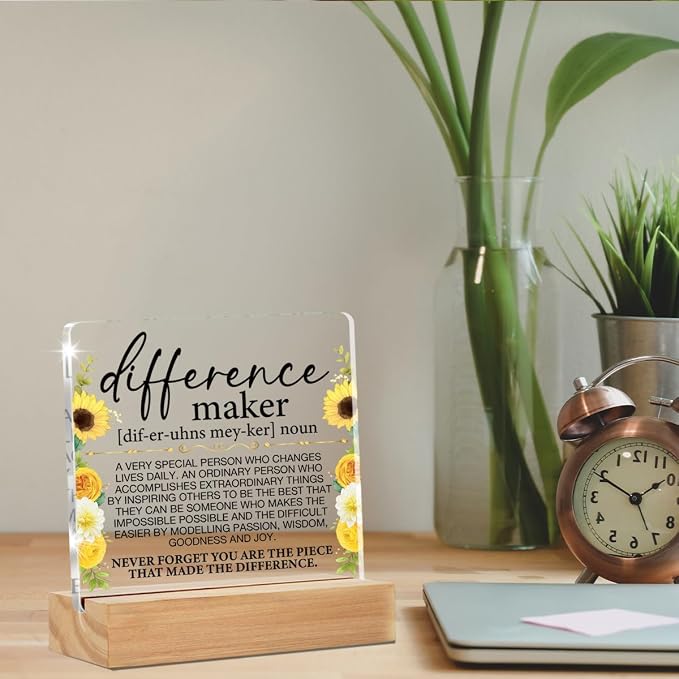 Difference Maker Gifts for Women Coworker Appreciation Desk Decor | Thank You Gifts for Employee Staff Teacher Mentor Coach Nurse, Home Desk Decorative Sign, Clear, Acrylic, 4 x 4 Inches