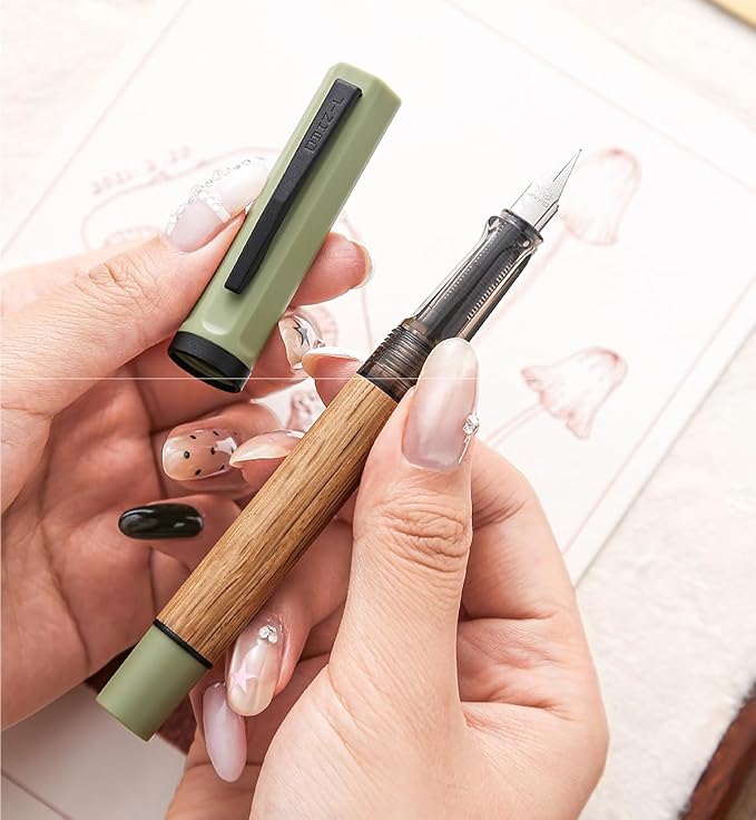 Jinhao 58 Natural Oak Wood Fountain Pen, Fine Nib Writing Pen (Green) | Handcrafted natural oak wood pen with converter. Elegant executive gift for journaling, sketching & calligraphy