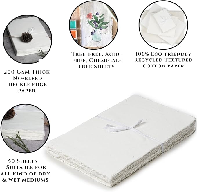 50 Sheets - Rough/Textured Watercolor Paper - 6 X 4 inches(150GSM) - Handmade/Deckle Edge Paper Made from Virgin Egyptian Cotton - White by Leather Village