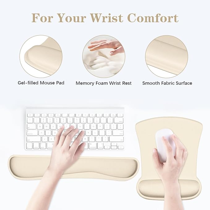 Ergonomic Keyboard Wrist Rest Memory Foam and Soft Gel Mouse Pad | Smooth Surface, Anti-Slip Base, Easy Typing and Pain Relief for Gaming, Office, Laptop, Apricot