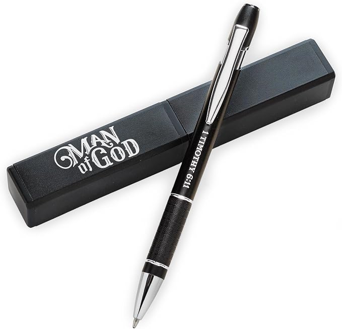 Christian Art Gifts Man Of God Black Stylish Classic Ballpoint Pen in Matching Gift Case - 1 Timothy 6:11 Bible Verse Refillable Retractable Medium Black Ink for Journal, Planner, Writing, Notes