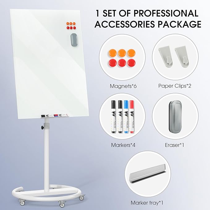 MaxGear Magnetic Glass Mobile White Board, 40" x 28" Adjustable Height | Whiteboard with Stand & Wheels, Portable Dry Erase Easel for Office, Classroom & Home, Includes 4 Markers, 6 Magnets & Eraser
