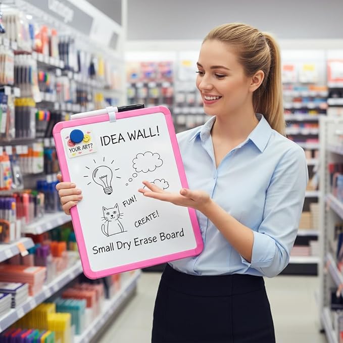 MXG Double Sided Pink Dry Erase Board, 8x12 Inch Portable Small Whiteboard for Fridge, Wall & Desk, Includes Markers, Eraser & Magnets for Home, Office, Classroom, Calendar & Notes