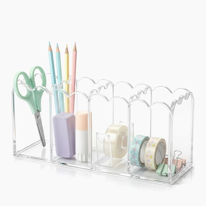 Sabary Scalloped Acrylic Dry Erase Marker Holder Whiteboard Non Slip Coastal Style Pen Holder for Fridge Locker Organizer for Work Locker Desk Accessories Pencil Cup(7.9 x 2.7 x 3.5'')