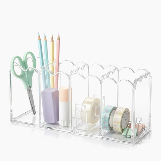 Sabary Scalloped Acrylic Dry Erase Marker Holder Whiteboard Non Slip Coastal Style Pen Holder for Fridge Locker Organizer for Work Locker Desk Accessories Pencil Cup(7.9 x 2.7 x 3.5'')