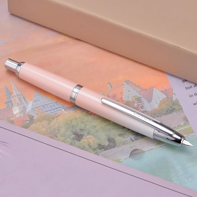 Jinhao 10 Press Fountain Pen with Box, Gradient Peach Pink Retractable Medium Nib with Ink Converter Set (Silver Clip)