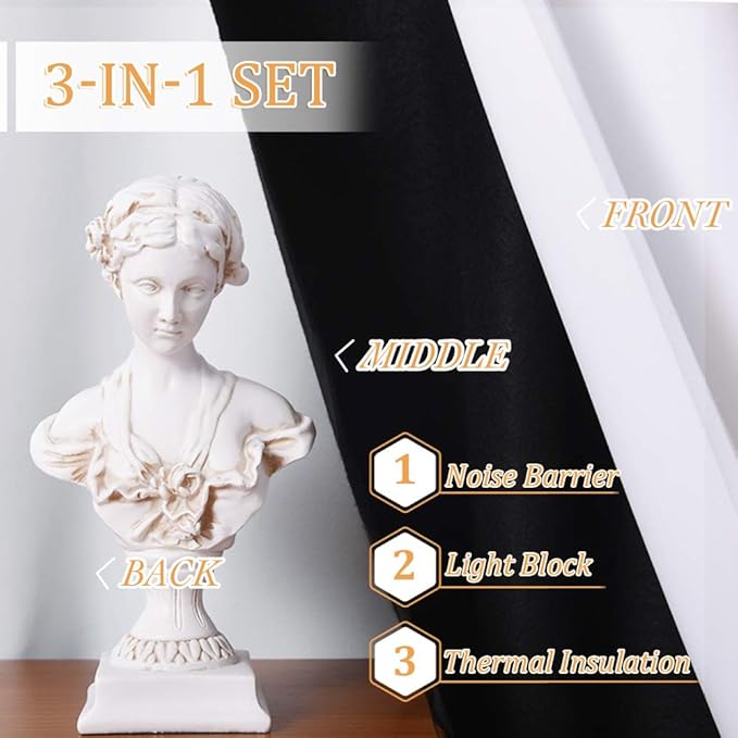 RYB HOME Soundproof Blackout Thermal Insulating 3 in 1 Set Curtains 3 Layers Heavy Grommet Drapes for Bedroom Living Room Divider Curtains High Ceiling Window, Pure White, 52 x 108 inches, 2 Pcs