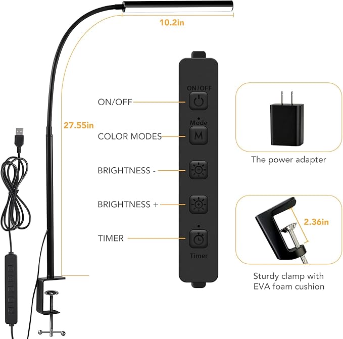 LED Desk Lamp with Clamp, 5 Color Modes & 10 Brightness Levels, Eye-Caring Desk Light, Flexible Gooseneck, Memory Function, Adapter Included for Home Office, Reading & Study