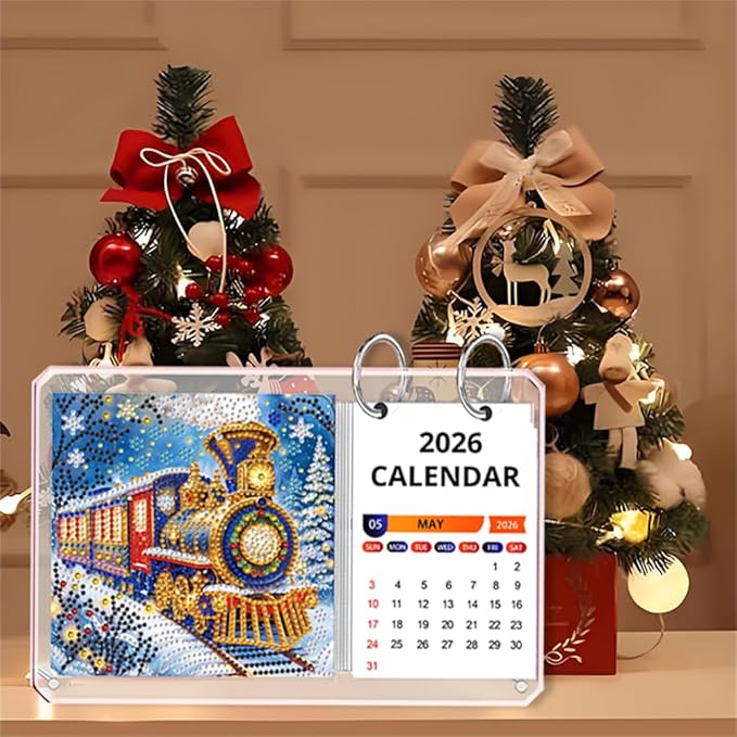 2026 Standing Desk Calendar DIY Diamond Art Painting Monthly Flip Desktop Calendar Mosaic Kits Acrylic Tabletop Calendars Diamond Art Craft Supplies Planner for Office Home Decor-Train