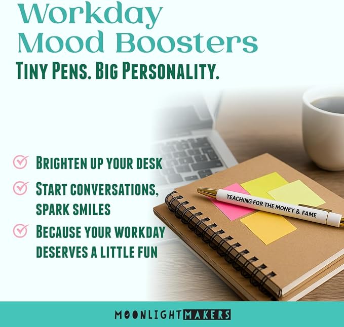 Moonlight Makers - Set of 5 Ballpoint Pens Black Ink- Engraved Funny Pens for Adults - Happy Retirement Appreciation Adult Gifts - Ideal Desk Decor for Work & Office Desk - Cute Packaging, Handy Clips
