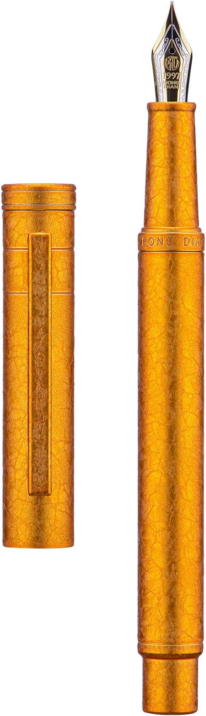 Hongdian 1851 Forest Fountain Pen Golden Ice Flowers, Blade Nib Classic Design Calligraphy Pen with Converter and Metal Pen Case
