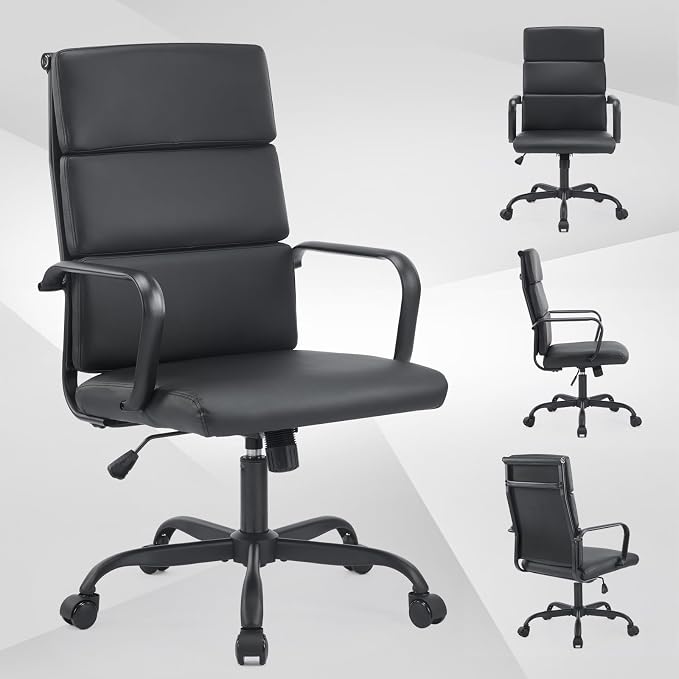 Office Chair, Ergonomic Executive Conference Room Chairs, Ribbed Leather Desk Chair with Lumbar Support, Adjustable Height Mid-Back Swivel Chair with Padded Seat