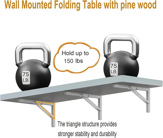IAE Wall Mounted Folding Table with Pine Wood,55" x 16" Floating Wall Desk,Laundry Folding Table with Shelf Brackets,Fold Down Desk Shelf,Folding Workbench for Home,Dining,Laundry Room,Kitchen,White