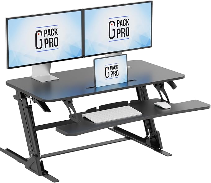 Standing Desk Converter 38 Inch, Height Adjustable to 17.3 Inches | Dual Monitor Work Surface With Keyboard Tray, Steel Frame, and Smooth Manual Lift for Home Office Setups