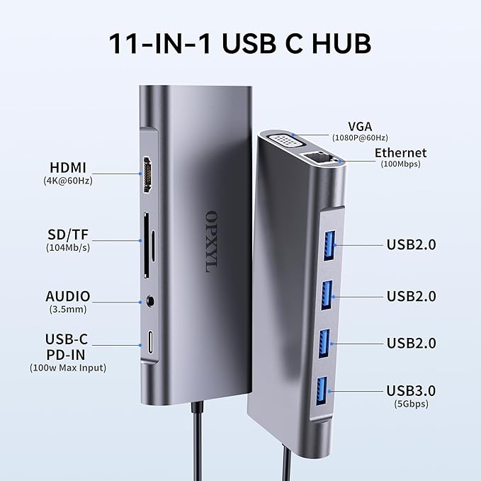 OPXYL 11-in-1 USB C Hub Multiport Adapter, USB C Docking Station with 4K HDMI, VGA 1080P, 100W PD, Ethernet, SD/TF, Audio, USB 3.0 Port, Laptop Dock for MacBook Pro/Air, iPad, Windows