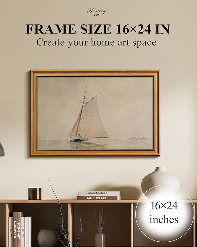 HUARCEY Gold Framed Vintage Wall Art for Living Room, Seaview Painting Prints Shelf Decor for Kitchen, Aesthetic Bedroom Large Wall Art, Gifts for Friends or Family (White Sailboat - 16"x24")