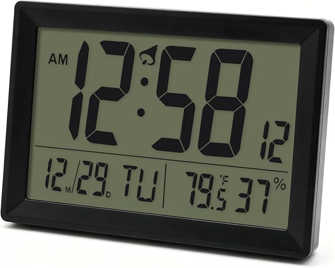 Digital Wall Clock Battery Operated with LCD Display, 6.5” Small Digital Clock with Seconds/Temperature/Humidity/Snooze - 12/24H, Digital Alarm Clocks for Bedrooms, Living Room, Office, Gym