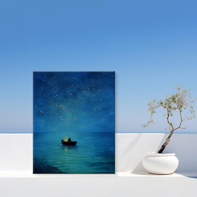 Ocean Wall Art, Blue Night Sea Boat Starry Sky Canvas Wall Decor, Aesthetic Seascape Canvas Poster Pictures, Calm Minimalist Print for Living Room Bedroom Office 8x10 Framed