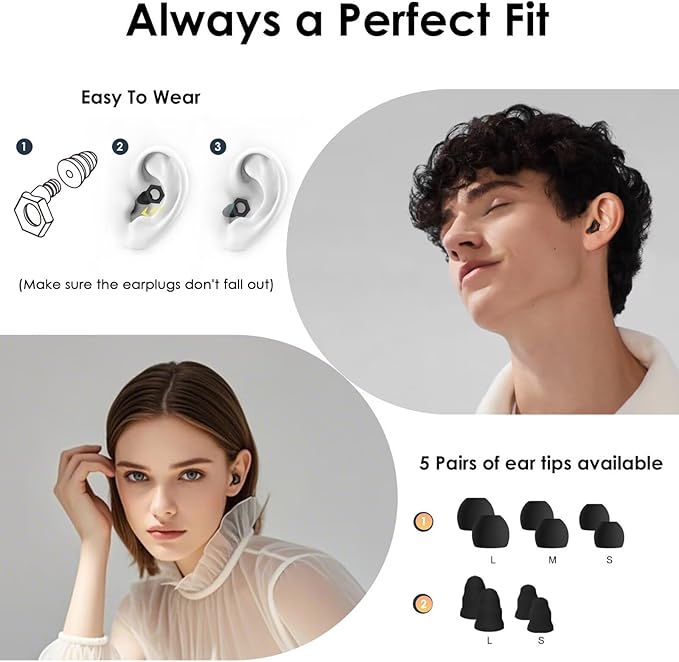 Ear Plugs for Sleeping Noise Cancelling,Reusable Silicone Earplugs with Carrying Case,Ear Plugs for Noise Reduction for Sleep,Noise Sensitivity,Travel,Focus - 5 Pairs Ear Tips in S/M/L