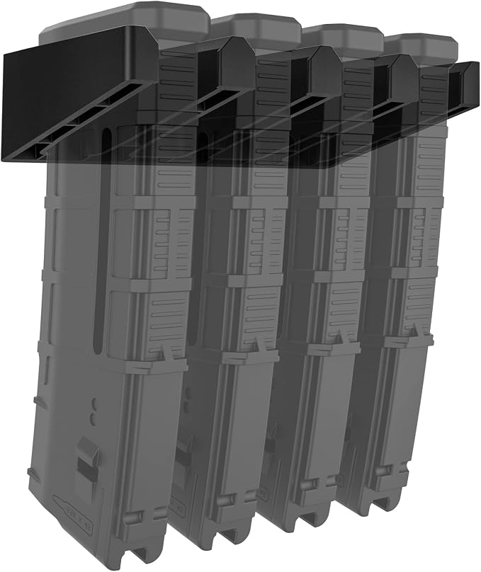 Solid ABS 4-Slot PMAG Wall Mount & Magazine Rack, 1 Pcs | Standard Capacity Mag Holder, Home Tactical Storage, Heavy Duty Display Stand, Room Organizer