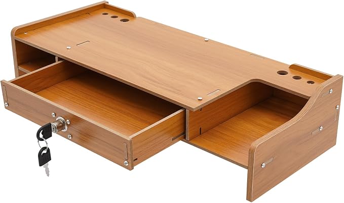 Wood Monitor Riser Drawer with Lock Computer Laptop PC Stand Desk Organizer