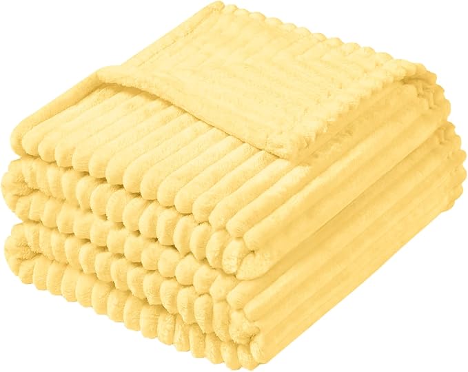 Vessia Flannel Fleece Twin Blanket for Couch,Sofa,Bed, 300GSM Striped 60x80 inch Light Yellow Blanket for Adults and Kids, Super Soft Warm Cozy Lightweight Ribbed Pale Yellow Decor for All-Season
