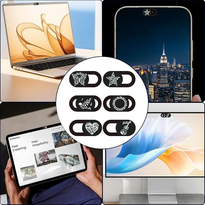 6Pcs 6 Styles Laptop Camera Cover Music Notes Privacy Guard Accessories, 0.04 Inch Ultra Thin Webcam Cover Protector Blocker for Desktop Computer Tablet Notebook Mini PC Home Office Use