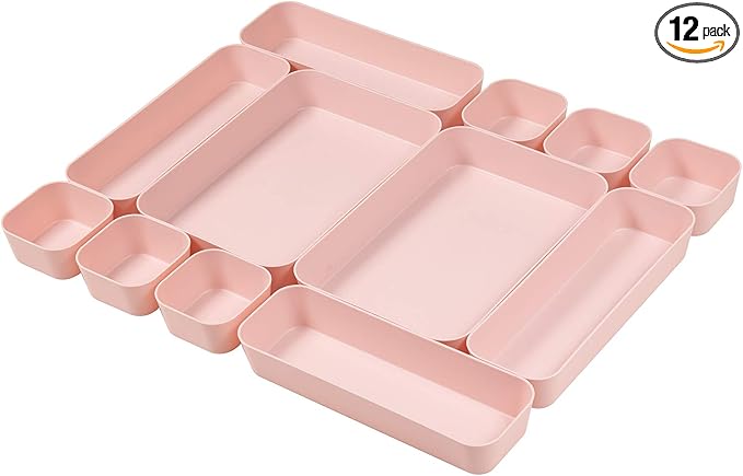 Set Of 12 Pink Color Plastic Desk Drawer Organizers For Makeup Bathroom Office Kitchen Vanity Drawer Storage Box Container