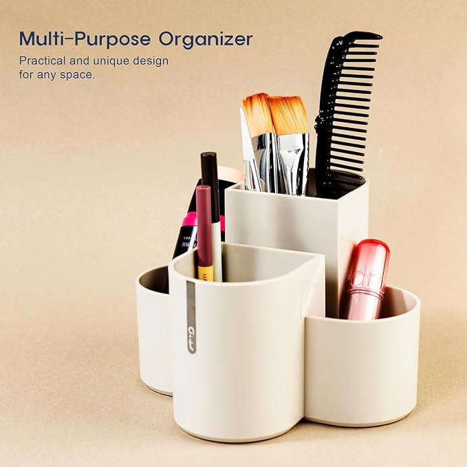 Aesthetic Desk Organizer [Sand Beige] - Multi-Compartment Pen Holder & Remote Control Caddy, Modern Vanity Makeup Brush Organizer, Premium Stationery Storage (Made In Korea)