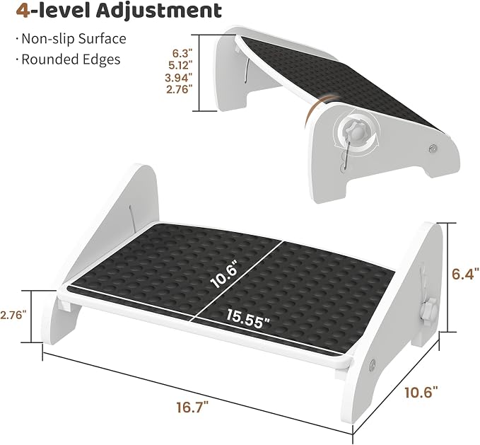 Adjustable Under Desk Footrest-Bamboo 4-Position Ergonomic Office Foot Stool with Large Non-Slip Surface, Improves Posture for Home,Office & Computer Desk Use (White)