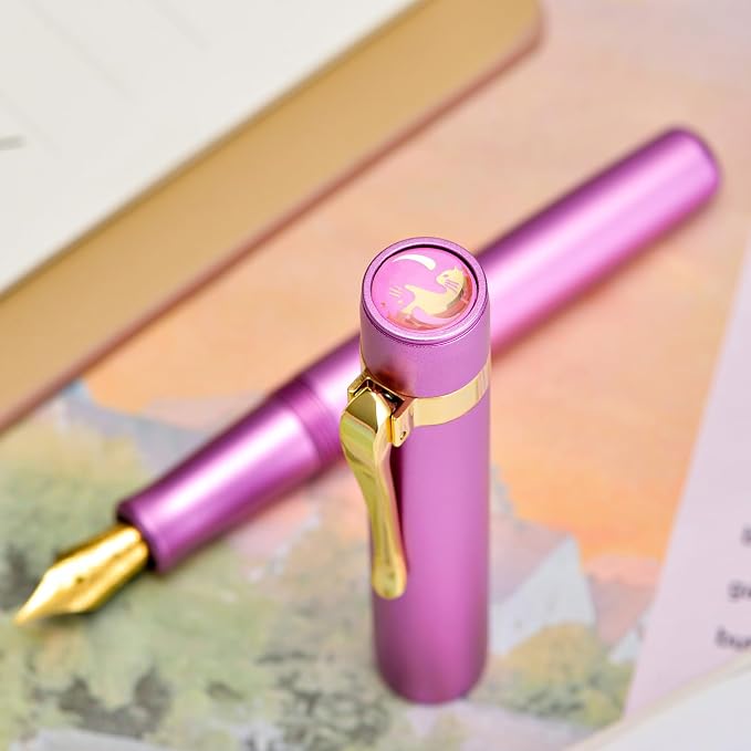 HONG DIAN M2 Black Forest Mini Fountain Pen, Long Blade Nib & Sleek Shape Aluminium Short Pocket Travel Pen (Lilac Purple)
