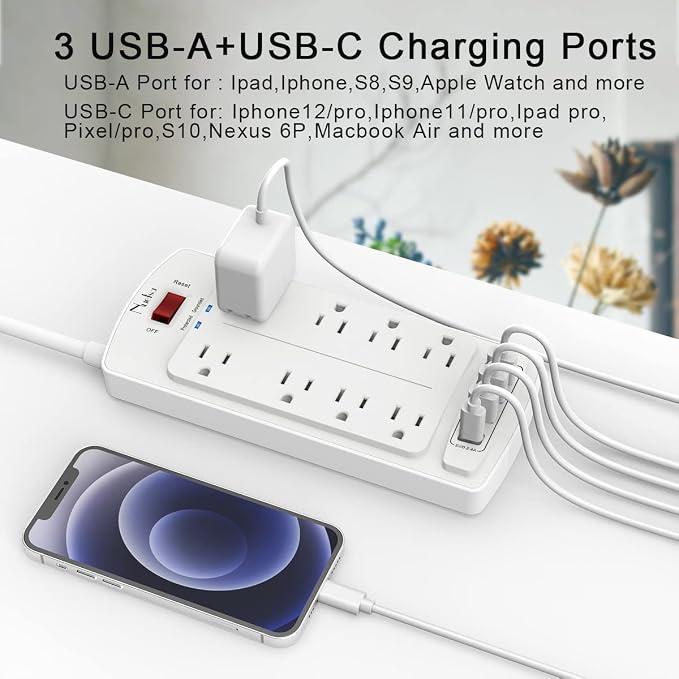 6FT Surge Protector Power Strip, Nuetsa Extension Cord with 8 Outlets and 4 USB Ports, 6 Feet Power Cord, 2700 Joules, ETL Listed, White