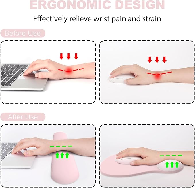 Ergonomic Mouse Pad with Wrist Rest and Keyboard Wrist Rest, Gel Mousepad and Wrist Rest for Computer Keyboard, Pain Relief, Non-Slip PU Base, Pink Mouse Pad with Wrist Support for Gaming, Office