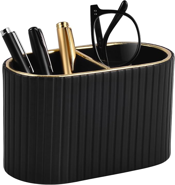 PU Leather Desk Organizer,Pen Holder,Small Remote Control Holder Pencil Cup Multifunctional Nightstand Organizer Caddy for Home School Office Desk Accessories,2 Compartments (Black)