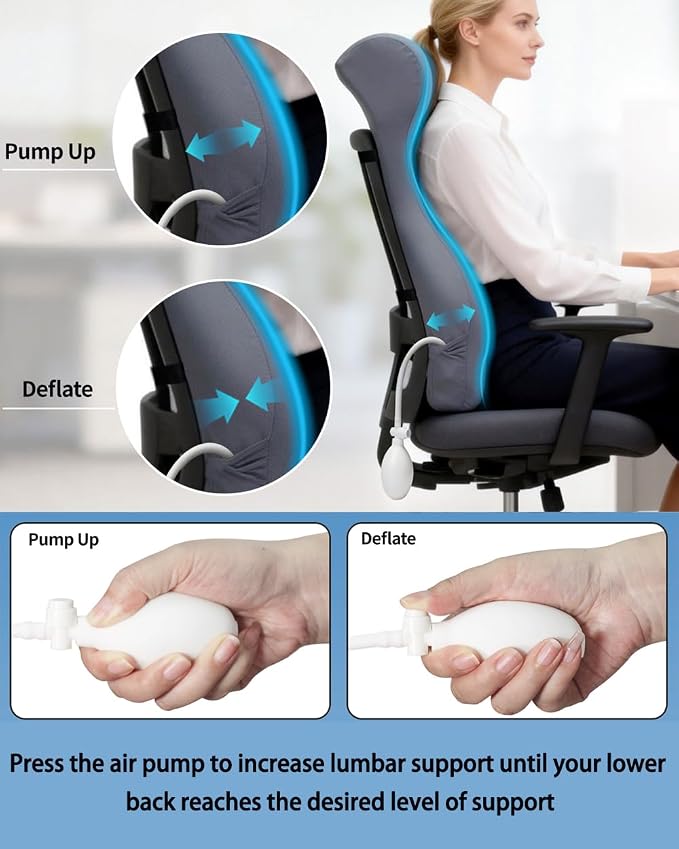 27.7'' Adjustable Airbag Full Back Lumbar Support Pillow, Back Pain Relief | High Memory Foam Lumbar Cushion for Office Chair Upper Lower Back Pain Relief, Improves Posture for Desk, Gaming Chair, Couch