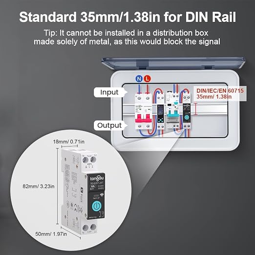 TONGOU DIY 1P+N Smart Wi-Fi Switch, Work with Alexa and Google Assistant for Voice Control, 6A with Energy Monitor, Smart Life/Tuya APP Remote Control, Timer Functions, DIN Rail Mounted,FCC Certified