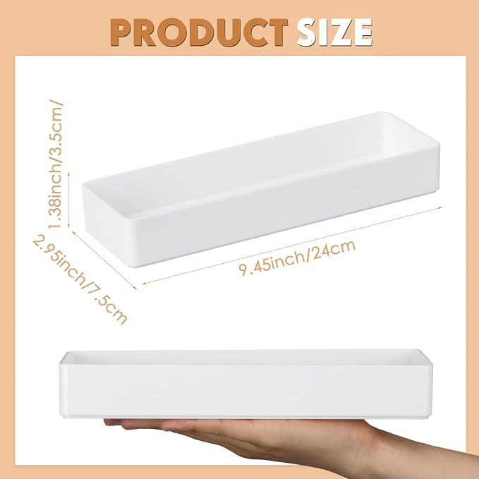 Teling 2 Pcs White Plastic Desk Organizer Tray Shallow Drawer Pencil Tray Tabletop Organizer for Office, Home, or Study 9.45x2.95x1.38 Inch