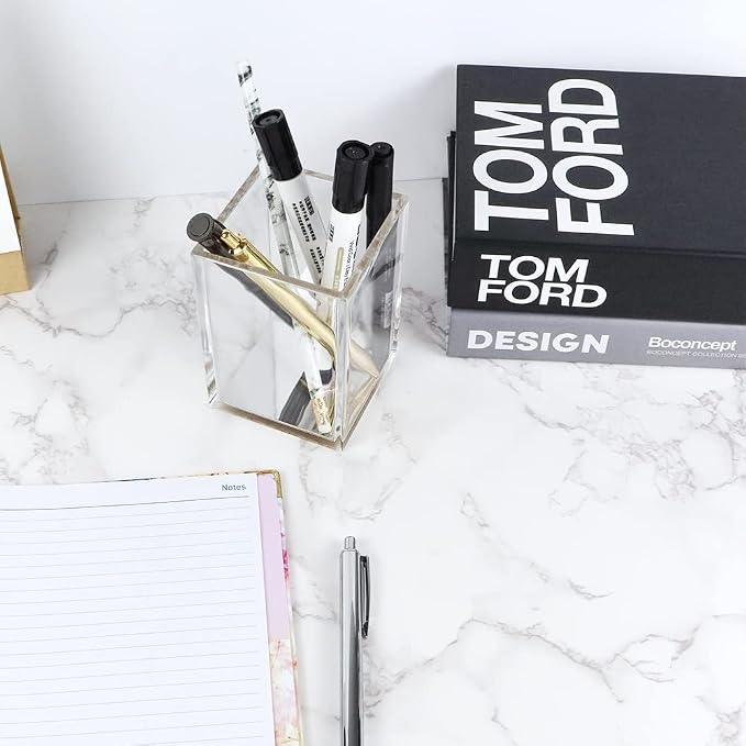 MEI YI TIAN Clear Acrylic Pencil Pen Holder Cup with Silver Bottom, Desk Accessories Makeup Brush Holders Modern Design Desktop Organizer for Countertop Desk Accessory Storage