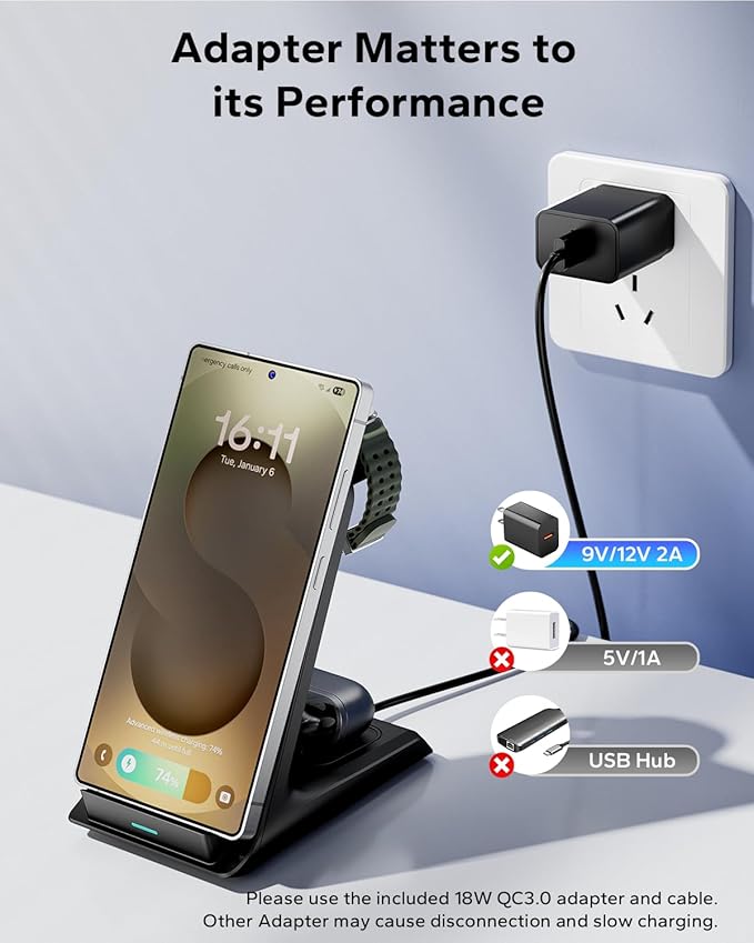 3 in 1 Charging Station for Samsung for Thick Cases of 10MM/Otterbox/Heavy Duty, Wireless Charger for Samsung Galaxy S26 Ultra/S25/S24, Phone Charger Stand for Galaxy Watch and Buds(Black)